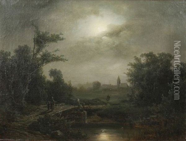 Fluslandschaft Bei Vollmond Mit Frau Und Kind Auf Einer Brucke Zu Einem Dorf Oil Painting - Richard Zimmermann