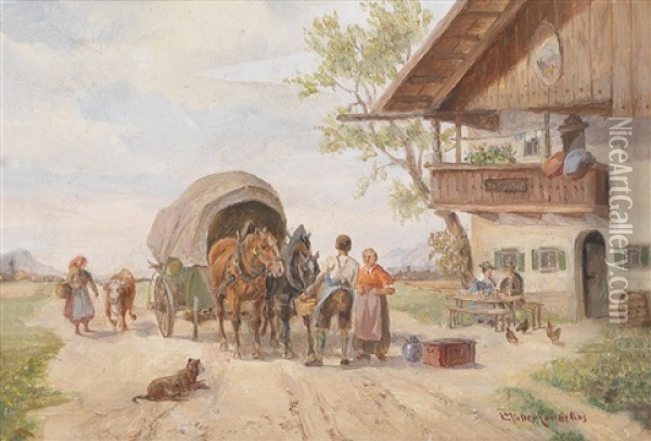 Rast Der Kutsche Vor Dem Gasthof Oil Painting - Ludwig Mueller-Cornelius