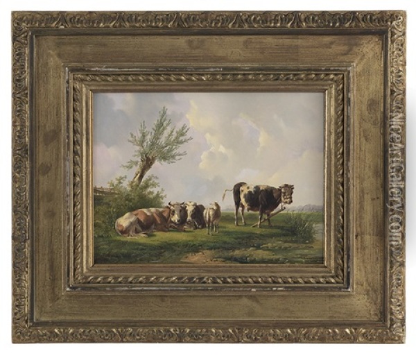 Sheep Among The Cows Oil Painting - Albertus Verhoesen