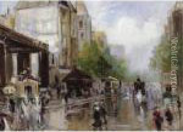 A Busy Street, Paris Oil Painting - Georges Lapchine