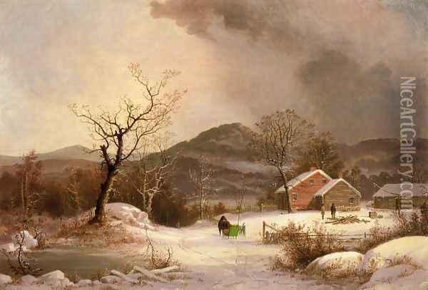 Farmstead and Sleigh in Winter Oil Painting - George Henry Durrie