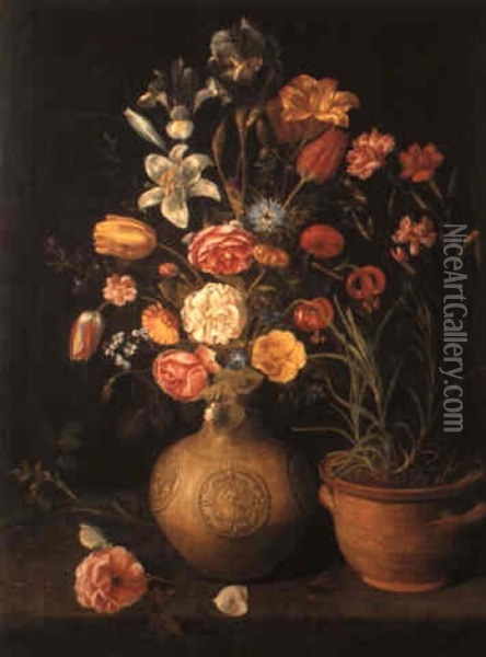 A Still Life Of Roses And Other Flowers In A Vase With Butterflies On A Ledge Oil Painting - Clara Peeters