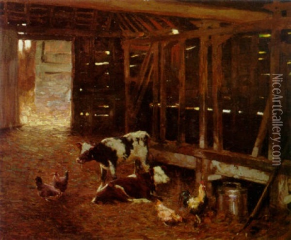 Calves In A Barn Oil Painting - Frederick Hall