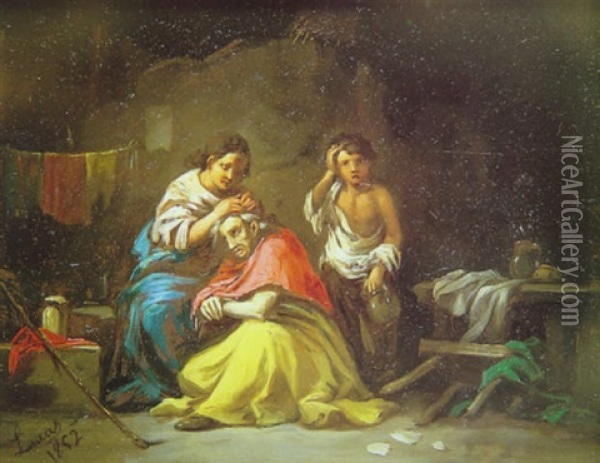 Interior Con Joven Despiojando A Una Anciana Oil Painting - Eugenio Lucas Velazquez