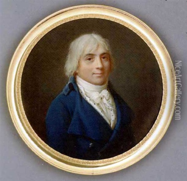 Marquise De Chieza, In Blue Coat, Blue And White Spotted Waistcoat And Knotted White Cravat, Powdered Hair Oil Painting - Jean Antoine Laurent