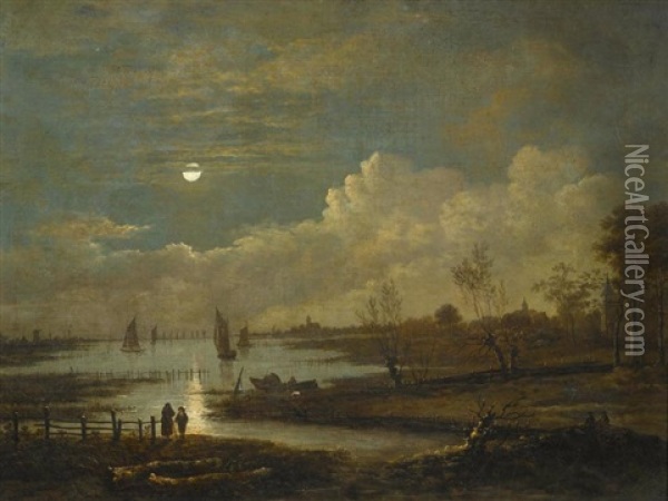 Weite Flusslandschaft Im Mondschein Oil Painting - Aert van der Neer