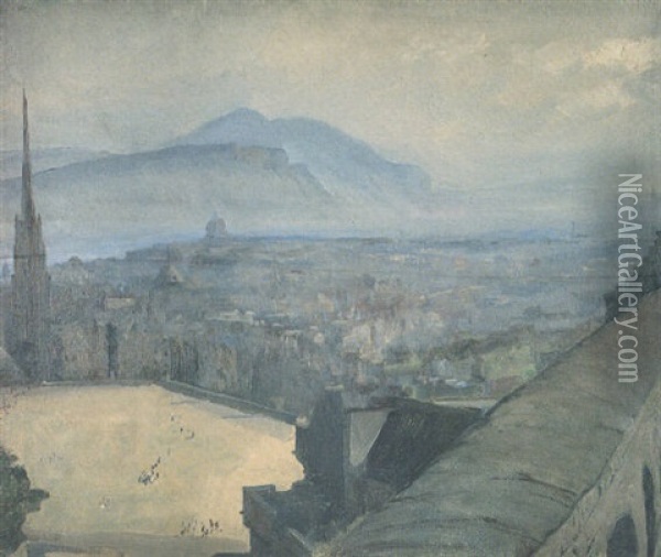 A View Of Edinburgh From The Castle Across The Esplanade Looking Towards Arthur's Seat Oil Painting - John Lavery