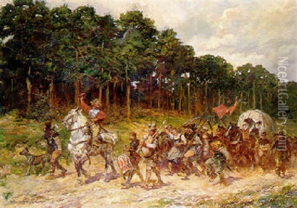 A Horseman Leading A Troup Of Armed Peasants Through A Forest During The Thirty Year War Oil Painting - Anton Hoffmann