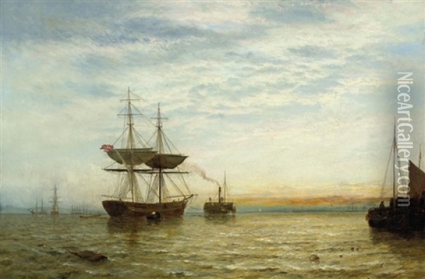 Towing Out The Brig At Dusk Oil Painting - George Stainton