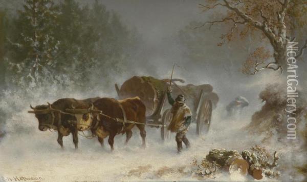 Holzfaller Mit Ochsengespann Im Winter. Oil Painting - Carl Heinrich Hoffmann