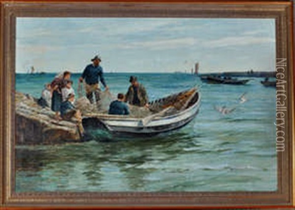 Mending The Nets Oil Painting - Robert Jobling