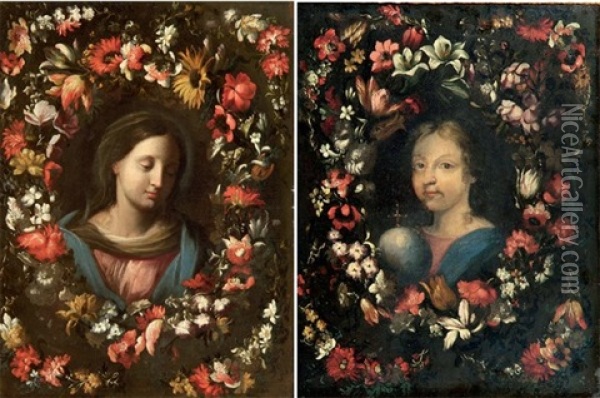 Vierge Dans Une Guirlande De Fleurs (+ Le Christ Dans Une Guirlande De Fleurs; Pair) Oil Painting - Carlo Maratta