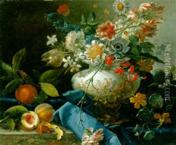 Flowers In A Vase With Oranges, Peaches And Nasturtiums On A Partly Draped Ledge Oil Painting - Jose Roma