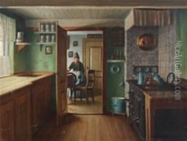 Interior With Woman From Fanoe Island Working At Her Spinning Wheel Oil Painting - Peder Riber