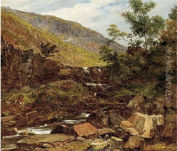 A Figure On The Banks Of A River, A Hillside Beyond Oil Painting - John Holland Jr.