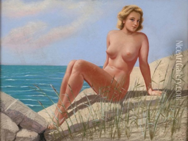Sitzender Weiblicher Akt Am Strand Oil Painting - Josef Plank