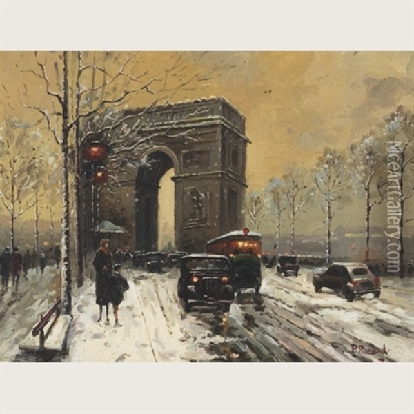 Arc De Triomphe On A Snow Covered Day Oil Painting - Paul Renard