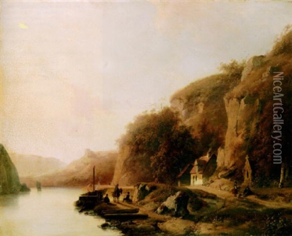 View Of A River Gorge With Figures Near A Barge Oil Painting - Andreas Schelfhout
