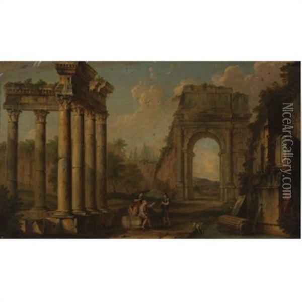 An Architectural Capriccio Oil Painting - Giovanni Paolo Panini