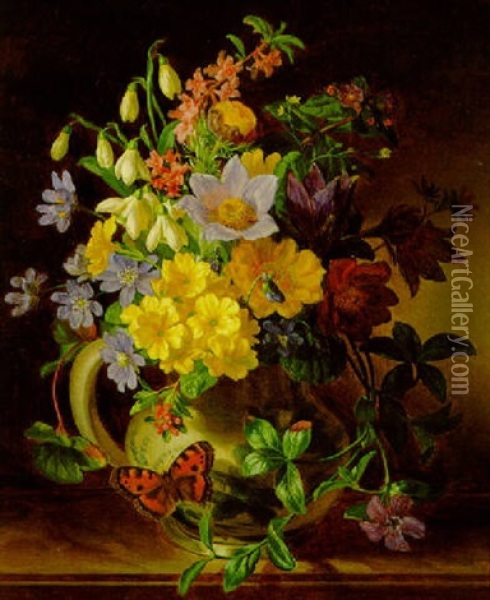 Blumenstraus Mit Primeln, Schneeglockchen, Seidbast Und Kuchenschelle In Einem Tonkrug Oil Painting - Andreas Lach