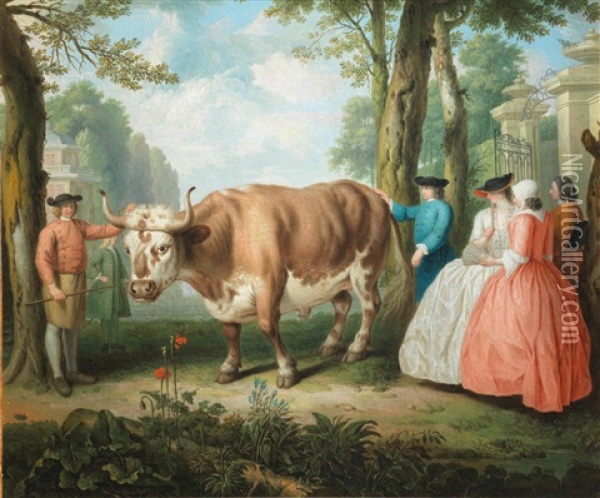 Elegant Figures Admiring A Bull At The Gates Of A Country House Oil Painting - Louis Fabritius Dubourg