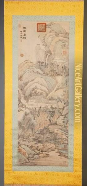 Scroll Painting Of A Landscape With Pavilions Oil Painting - Lu Yuan