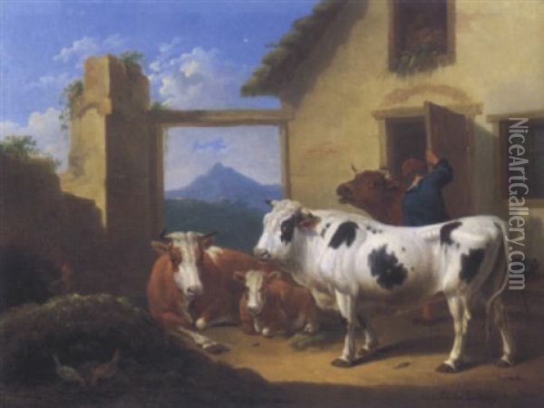 Kuhe Und Huhner Vor Dem Stall Oil Painting - Johann Baptist Dallinger von Dalling the Younger