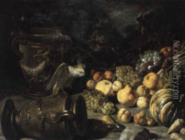 Nature Morte Aux Fruits, Vasque Et Perroquet Oil Painting - Peter van Boeckel
