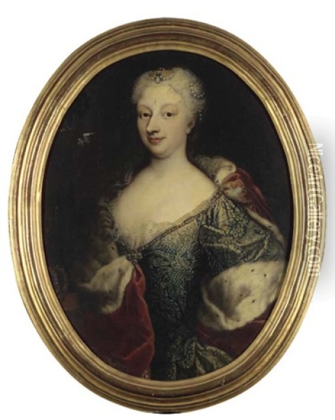 Portrait Of Polissena D'assia, Queen Of Sardinia, In A Blue Dress Embroidered With Silver Thread And Trimmed With Lace And A Red Velvet Shawl With Ermine Trimmings Oil Painting - Martin van Meytens the Younger