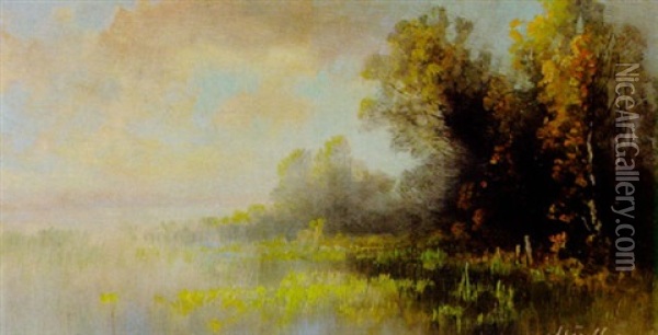 Landschaft, Im Hintergrund See Mit Segelbooten Oil Painting - Oskar Mulley
