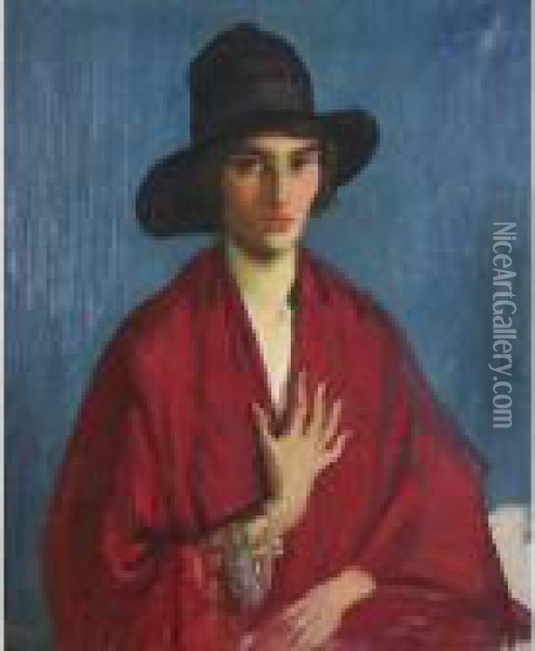 Woman In A Red Dress And Black Hat Oil Painting - George Lambert