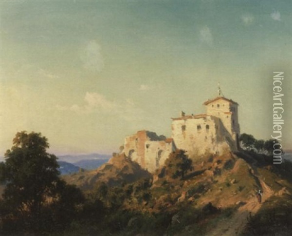 Italienische Landschaft. Alte Burganlage Auf Einem Hugel Im Abendlicht Oil Painting - Heinrich Hartung the Elder