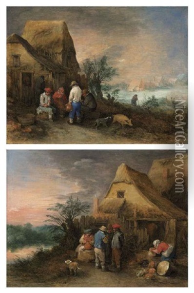 Peasants Drinking Outside A Farm Cottage (+ Peasants Drinking And A Woman Washing Dishes Outside A Farm Cottage; Pair) Oil Painting - Theobald Michau