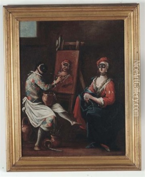 Pittore Fa Il Ritratto A Colombina Oil Painting - Giovanni Domenico Ferretti