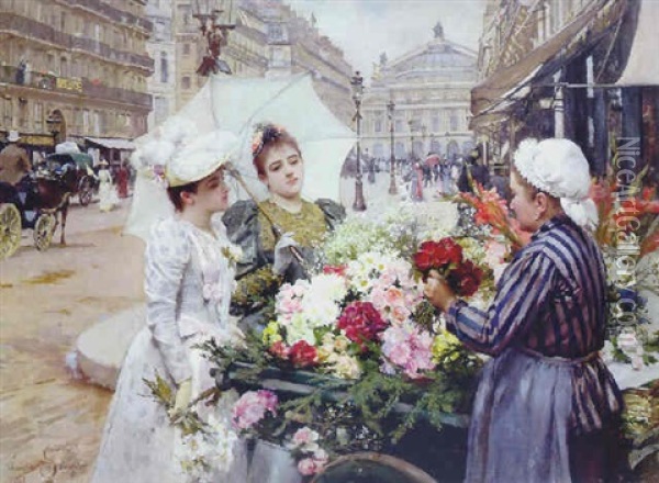The Flower Seller, Avenue De L'opera, Paris Oil Painting - Louis Marie de Schryver