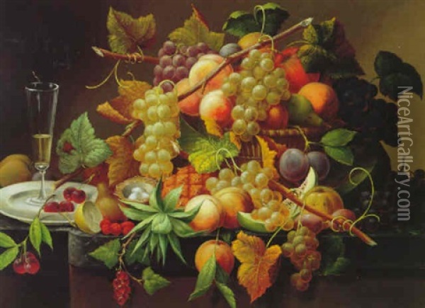 Still Life Of Grapes, Peaches, Plums And A Pineapple With A Glass Vase On A Marble Ledge Oil Painting - Severin Roesen
