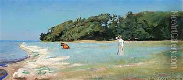 Strandparti Med Kvinde Og Ko Oil Painting - Harald Slott-Moller