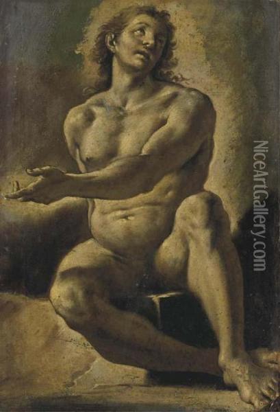 Un Homme Assis Regardant Vers Le Haut Et Pointant Vers La Gauche Oil Painting - Ercole Ii Procaccini