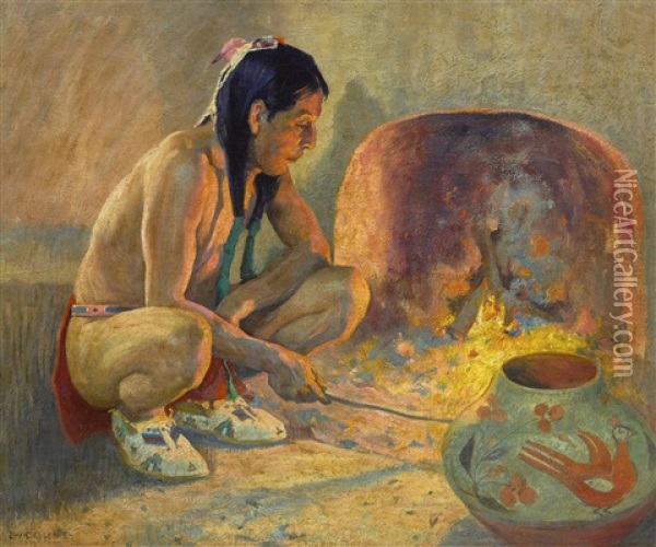 Pueblo Fireplace Oil Painting - Eanger Irving Couse