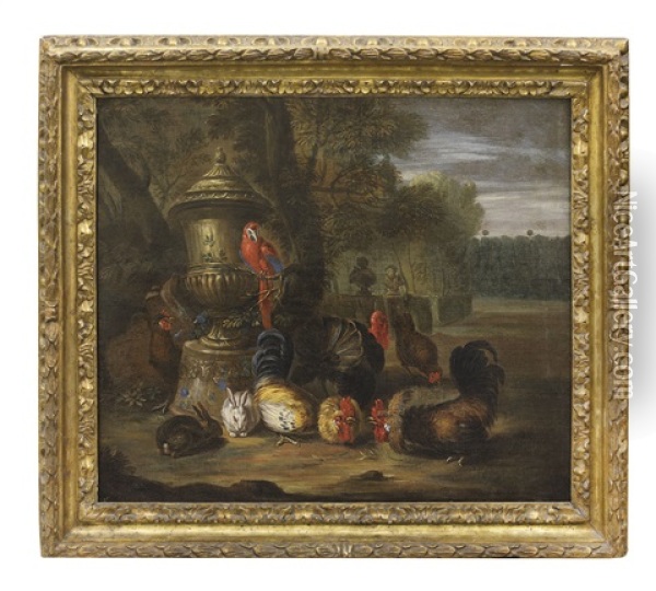 Animali In Un Paesaggio Con Grande Vaso Decorativo Oil Painting - David de Coninck