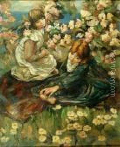 Two Girls Amongst Flowers By The Sea Oil Painting - Edward Atkinson Hornel