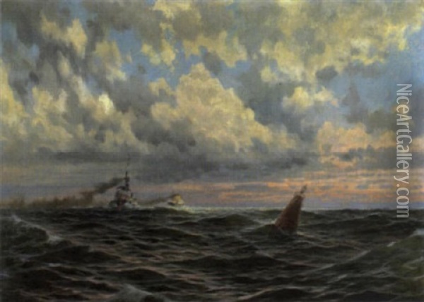 Seestuck Mit Einlaufendem Und Auslaufendem Dampfer Nach Sonnenuntergang Oil Painting - Hans W. Schmidt