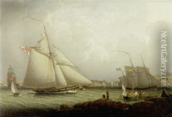 English Cutter And Lugger, Off North Shields Oil Painting - Robert Salmon