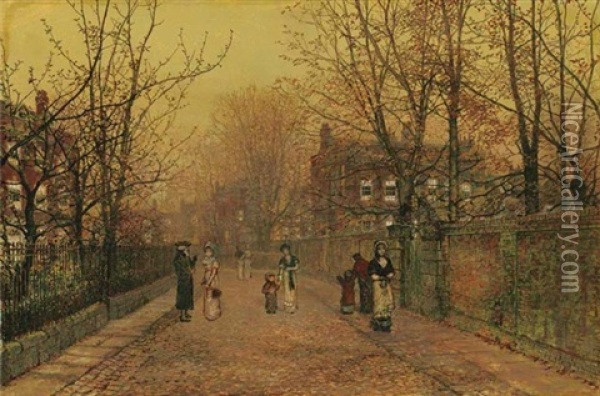 A Village Street On Sunday Eve Some Eighty Years Ago Oil Painting - John Atkinson Grimshaw