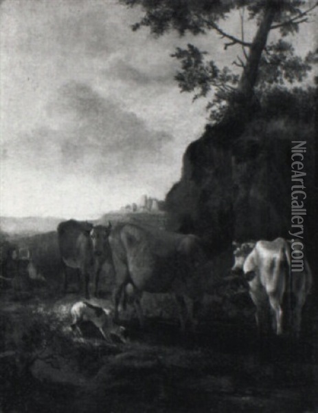 Italianate Landscape With Cows Watering And A Shepherd Couple Oil Painting - Jan van Ossenbeeck