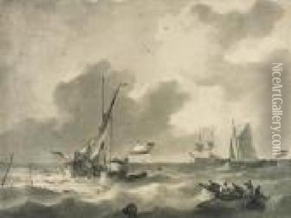 Dutch Shipping Near A Jetty In A Fresh Breeze Oil Painting - Johannes Christian Schotel