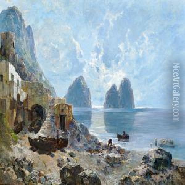 The Rocky Coast Of Capri With The Faraglioni In Morninglight Oil Painting - Enrico Ulrico Pistilli /