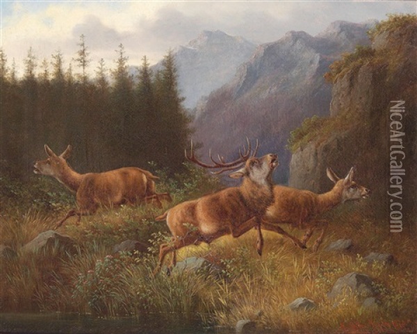 Red Deer In Flight Oil Painting - Moritz Mueller the Elder