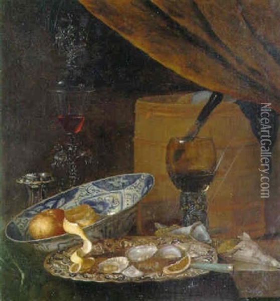 Oysters On A Silver Platter, An Orange And Lemon In A Bowl On A Table Oil Painting - Pieter Gallis