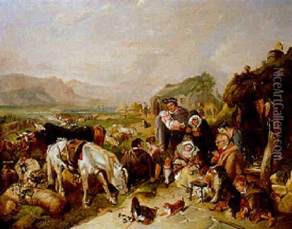 A Scene In The Grampians - The Drovers Depature Oil Painting - Sir Edwin Henry Landseer
